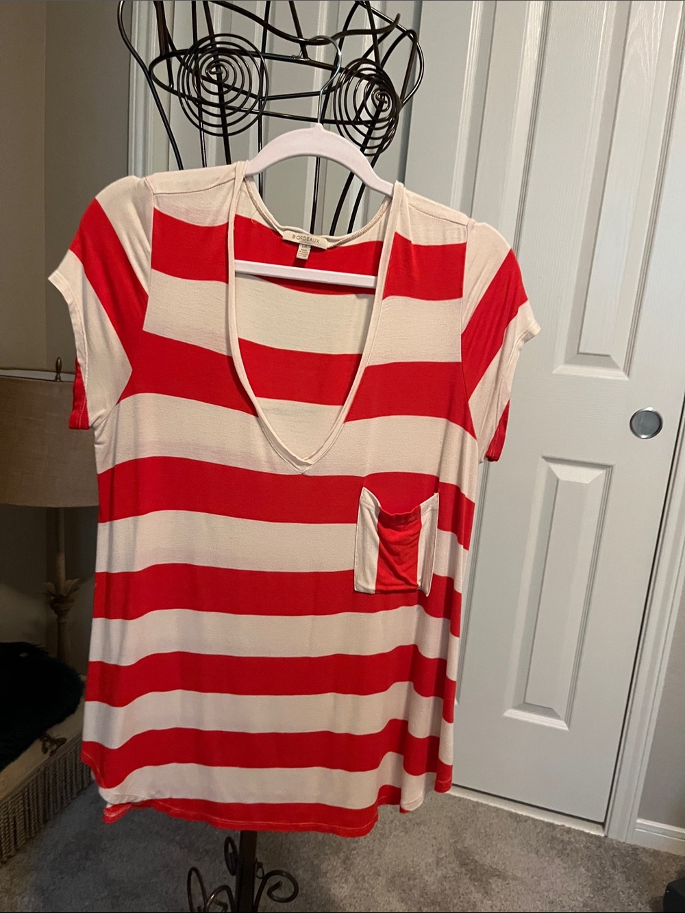 Bordeaux Red and Cream Striped V-Neck Pocket Tee